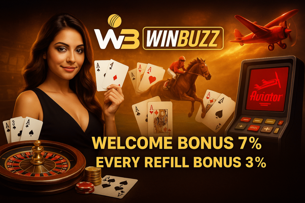 WinBuzz promo banner with casino, Teen Patti, Aviator, Roulette theme, promo girl holding cards and bonus text.