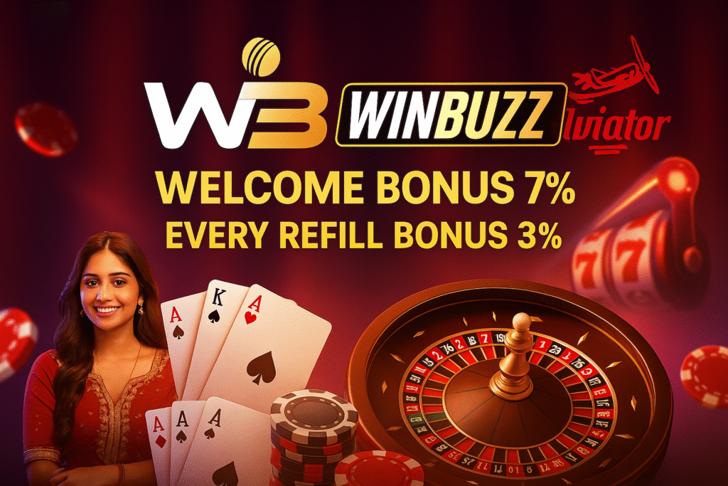 WINBUZZ gaming banner with Casino, Teen Patti, Aviator and Roulette background plus 7% Welcome and 3% Refill bonus.