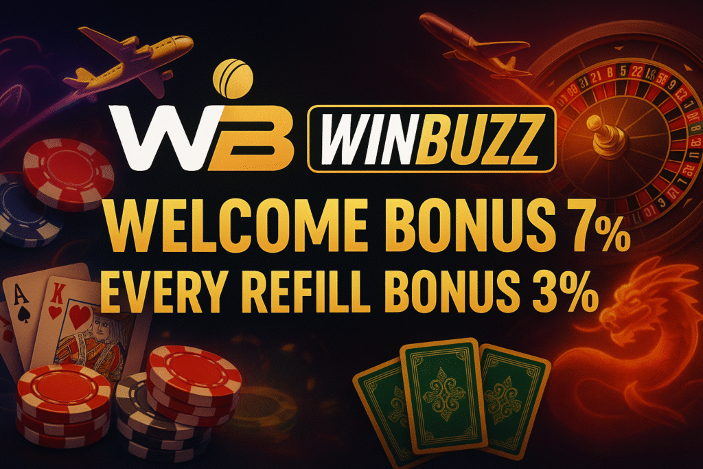 WINBUZZ casino-style banner with Aviator, Teen Patti cards, roulette and bonus offers.
