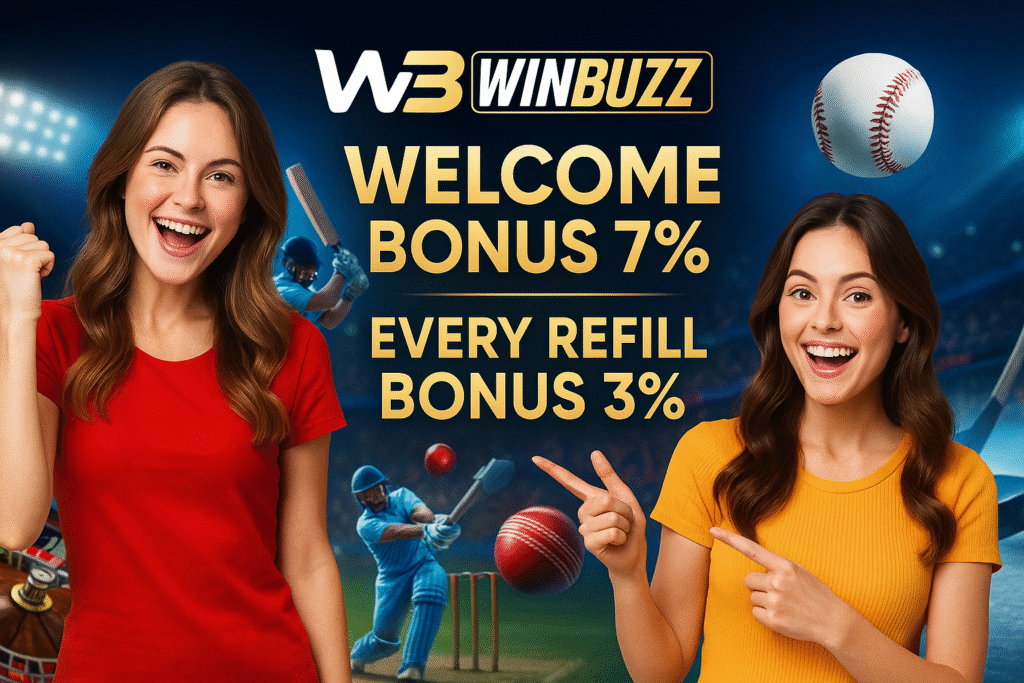 WINBUZZ promo with two happy girls, casino and sports games background, Welcome 7% and Refill 3% bonus.