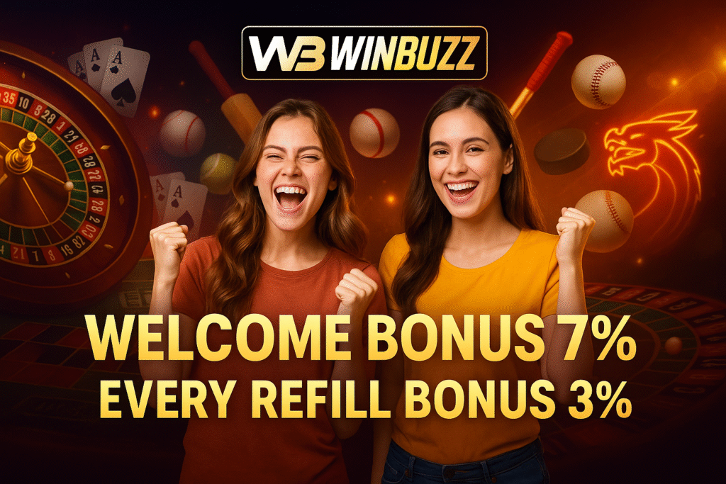 WINBUZZ banner with two happy promo girls, casino and sports (cricket, baseball, hockey) background, and bonus text.