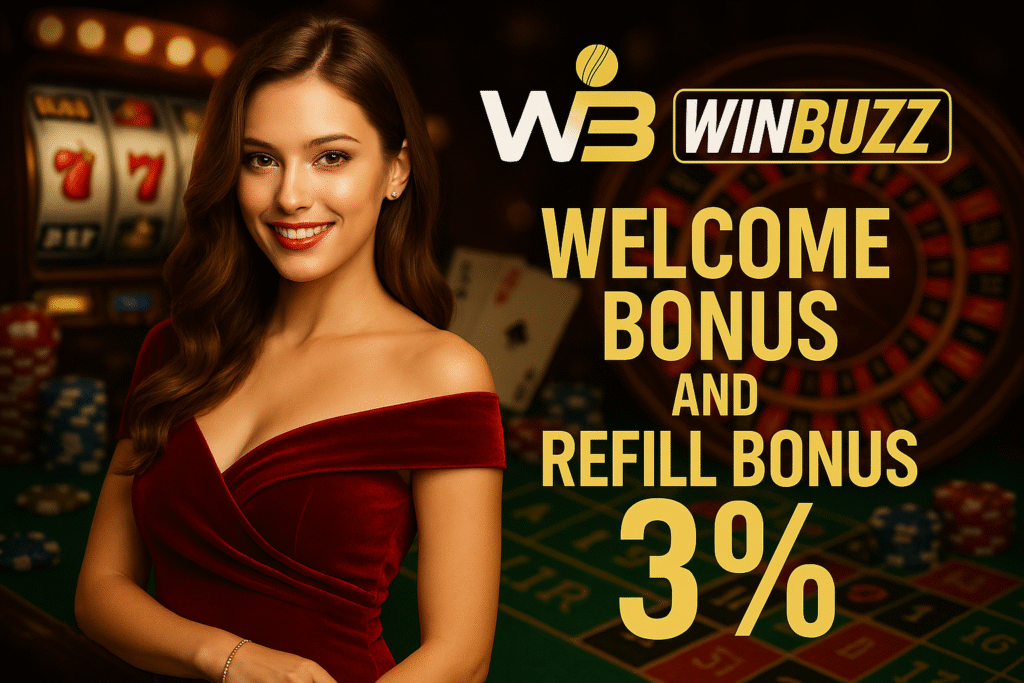 WinBuzz casino promo with elegant girl and gaming background showing bonus offer