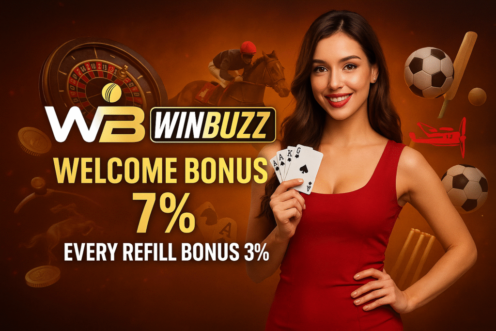 WINBUZZ promo girl holding cards with casino and sports games background, Welcome 7% + Refill 3%.