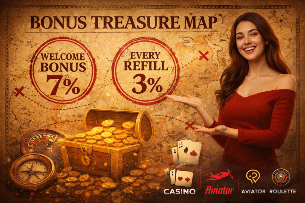 Vintage “Bonus Treasure Map” banner showing stamped offers “Welcome Bonus 7%” and “Every Refill 3%,” with a woman in a red dress presenting, plus a coin-filled chest, compass, roulette wheel, and playing cards.w