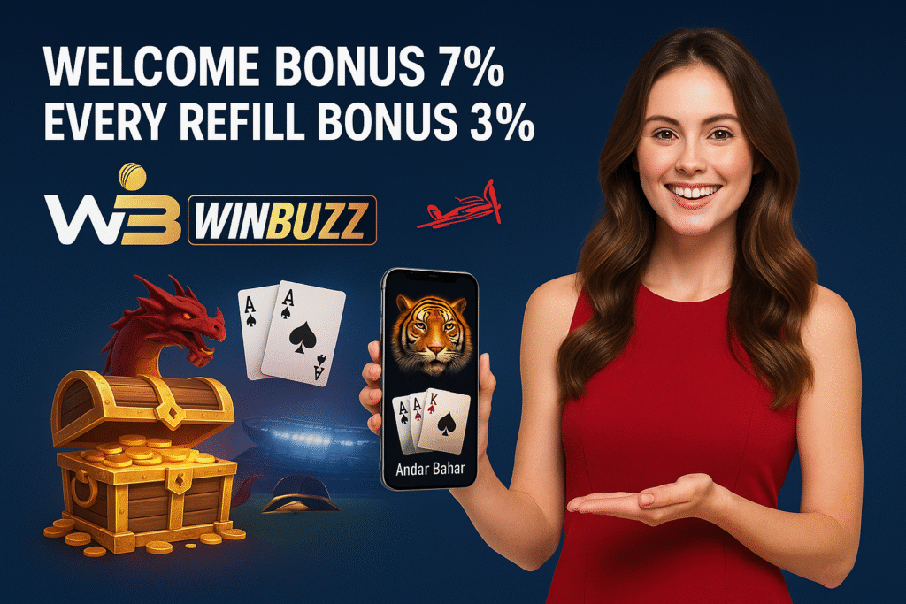 WinBuzz bonus banner with a promo girl holding a phone showing Tiger Casino and Andar Bahar, plus dragon treasure and cards.