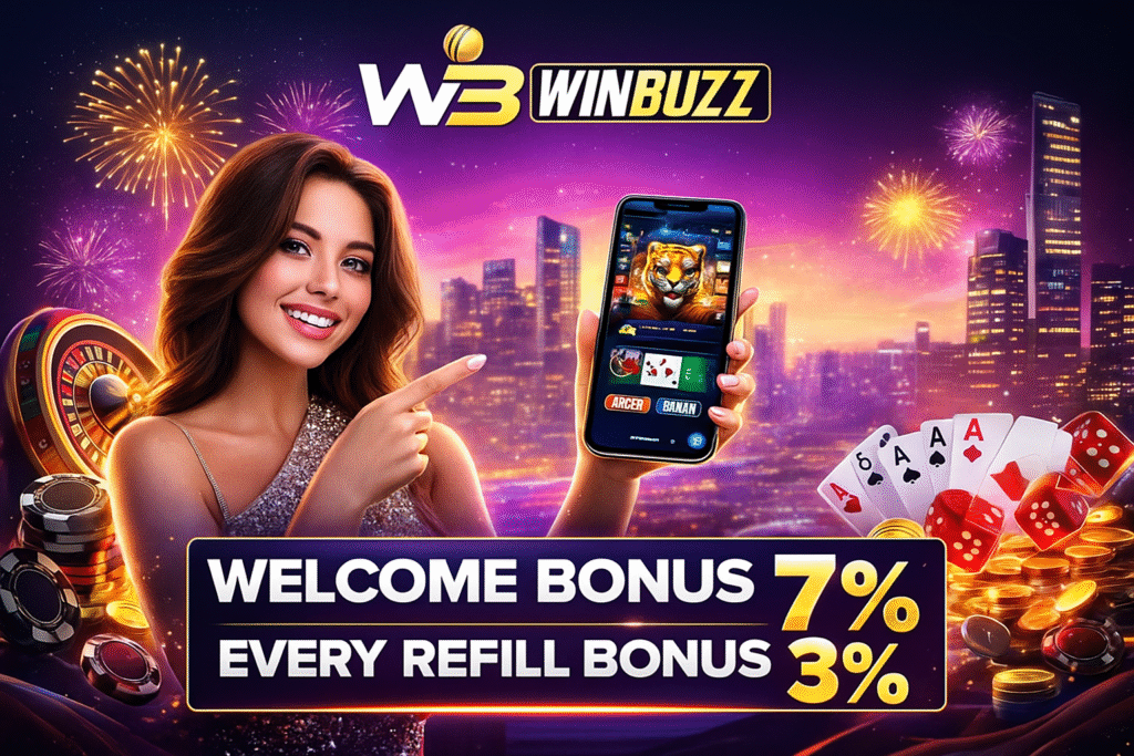 Sparkling promo girl pointing to a phone with casino games, fireworks city backdrop, chips, cards, dice, and WinBuzz offers.