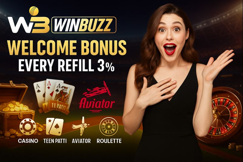 W3 WINBUZZ casino promo with an excited woman in black, “WELCOME BONUS” and “EVERY REFILL 3%,” Aviator logo, game icons, cards, coins, treasure chest, and roulette wheel on a dark stadium background.