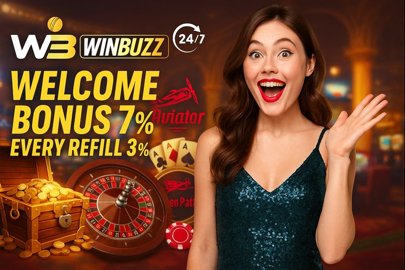 W3 WINBUZZ casino promo with an excited woman in a sparkly teal dress waving, text “WELCOME BONUS 7%” and “EVERY REFILL 3%,” plus 24/7 badge, Aviator logo, roulette wheel, cards, coins, and a treasure chest on a warm casino background.