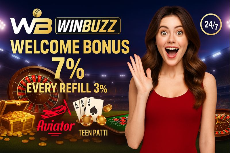 W3 WINBUZZ stadium casino promo with an excited woman in red, text “WELCOME BONUS 7%” and “EVERY REFILL 3%,” plus 24/7 badge, roulette wheel, treasure chest, Aviator logo, Teen Patti cards, chips, and coins.