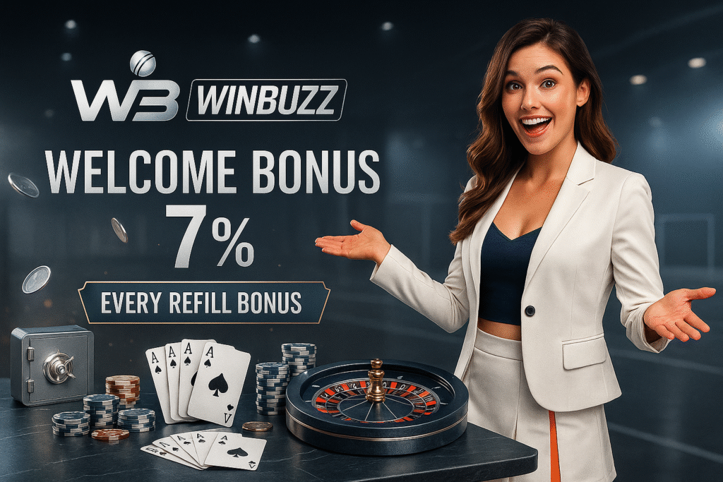WB Winbuzz promo banner with a smiling woman presenting “Welcome Bonus 7%” and casino items like roulette, chips, cards, and a safe.