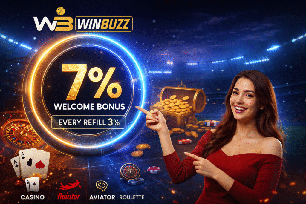 WB Winbuzz stadium-style ad with a glowing ring around “7% Welcome Bonus” and “Every Refill 3%,” featuring a woman in a red dress pointing at the offer, with a treasure chest, roulette, and playing cards.