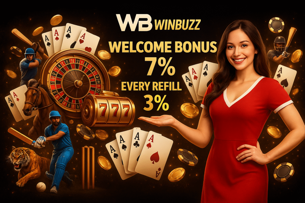 WB Winbuzz bonus ad with woman in red dress, roulette/slot “777,” cards, coins, cricket, horse race, tiger; text “Welcome Bonus 7%” and “Every Refill 3%.”