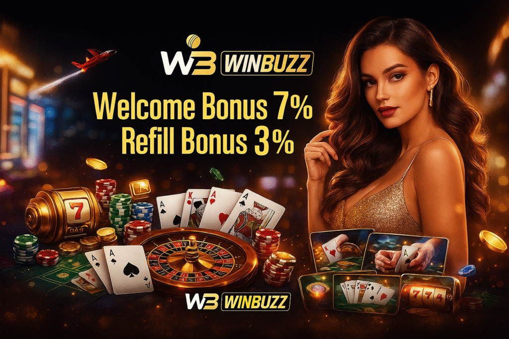 WB Winbuzz casino promo showing a glamorous woman, roulette table, chips, cards, and the text “Welcome Bonus 7%” and “Refill Bonus 3%”.