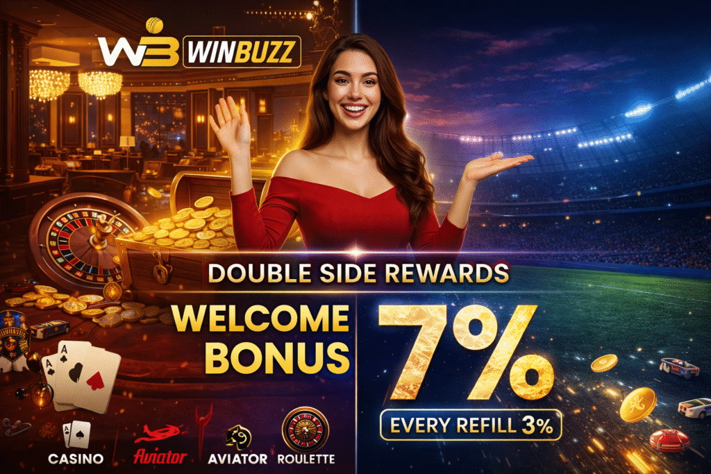 Split-scene WB Winbuzz ad showing a woman in a red dress between a casino lounge and a stadium, with “Double Side Rewards,” “Welcome Bonus 7%,” and “Every Refill 3%,” plus coins, roulette, and cards.