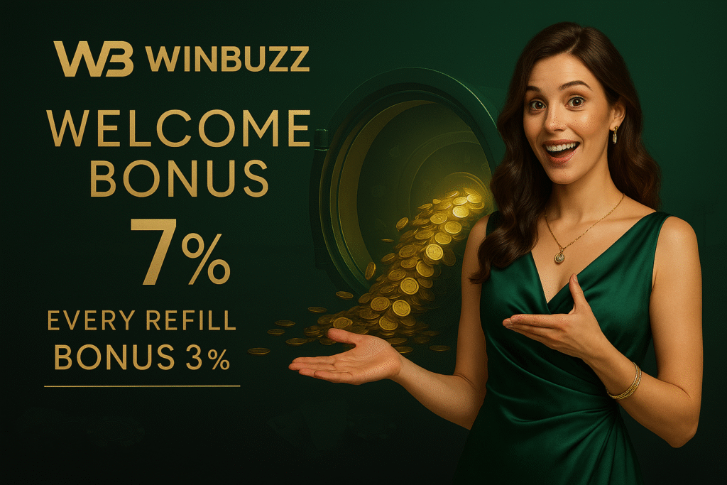 WB Winbuzz promotion with a smiling woman in a green dress, a vault spilling gold coins, and text “Welcome Bonus 7%” and “Every Refill Bonus 3%”.