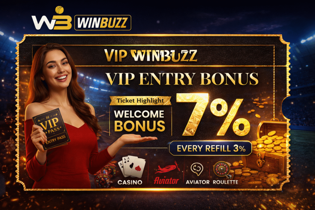 WB Winbuzz VIP ticket-style banner showing “VIP Entry Bonus” with “Welcome Bonus 7%” and “Every Refill 3%,” featuring a woman holding a VIP pass and a treasure chest of coins on the right.