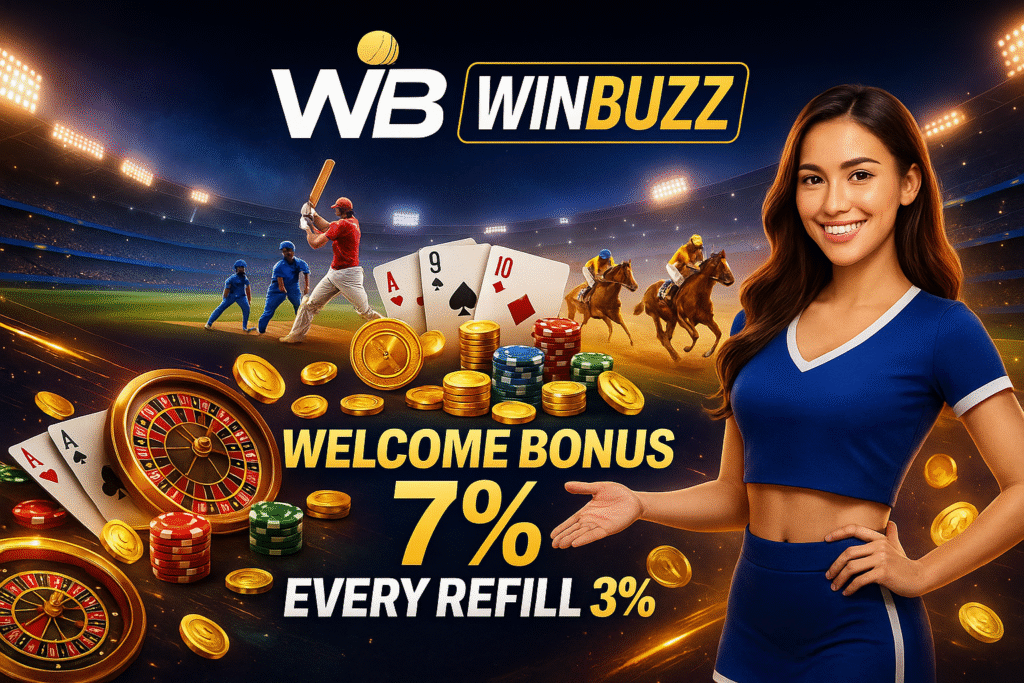 WB Winbuzz stadium promo with a smiling woman in blue, cricket and horse racing action, roulette, cards, chips, and coins; text says “Welcome Bonus 7%” and “Every Refill 3%.”