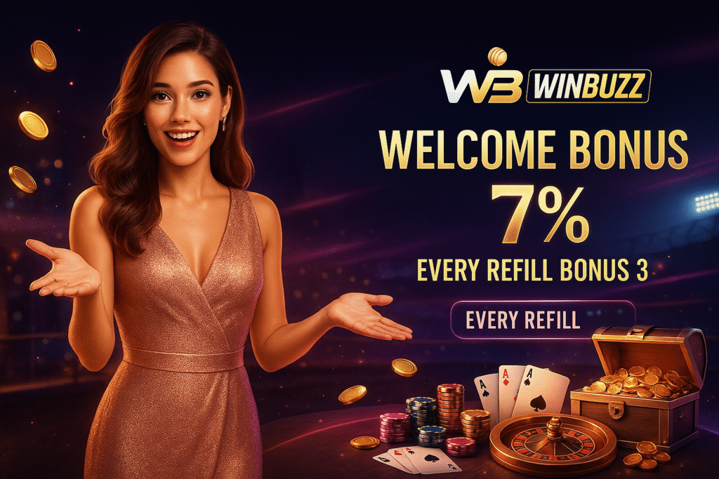 A casino-themed promotional banner featuring a smiling woman in a sparkling gold dress gesturing toward offer text: “WB WINBUZZ Welcome Bonus 7%” and “Every Refill Bonus 3,” with floating coins, poker chips, playing cards, a roulette wheel, and a treasure chest of gold coins.