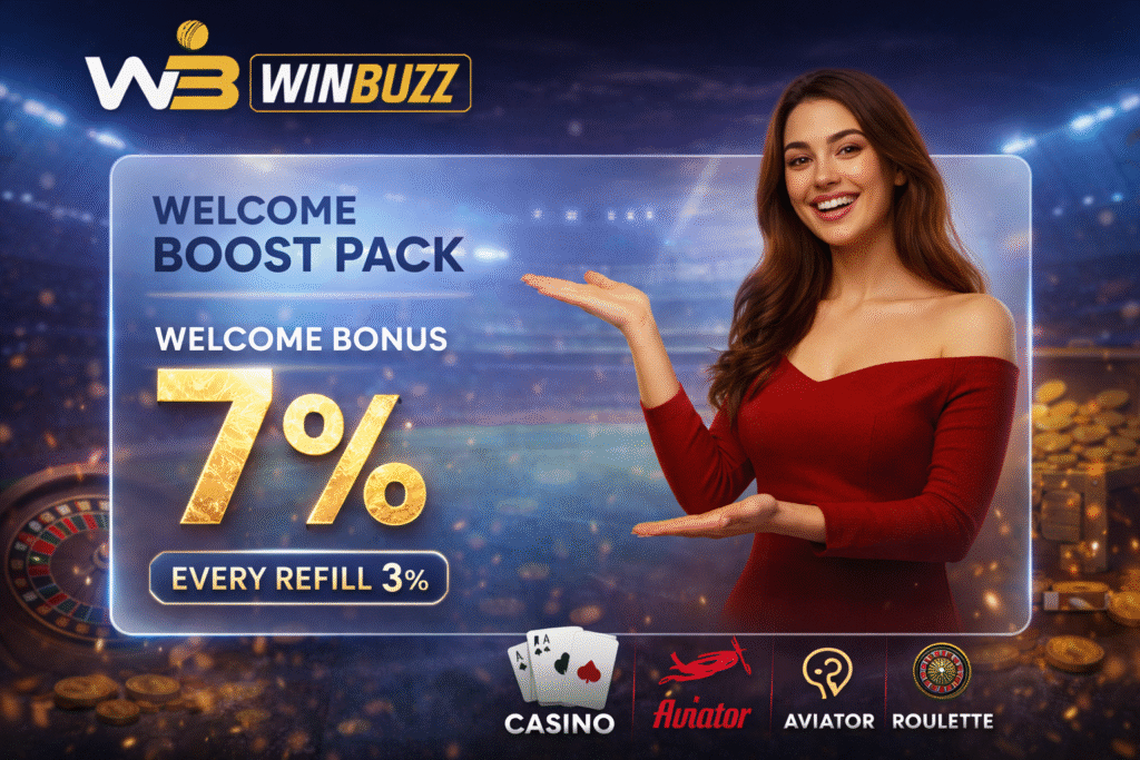 WB Winbuzz stadium-themed banner reading “Welcome Boost Pack,” showing “Welcome Bonus 7%” and “Every Refill 3%,” with a smiling woman in a red dress presenting the offer and game icons along the bottom.