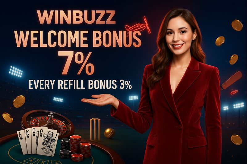 WINBUZZ casino promo with a woman in a red suit beside text “WELCOME BONUS 7%” and “EVERY REFILL BONUS 3%,” with floating coins, roulette wheel, playing cards, poker chips, and a stadium-style background.