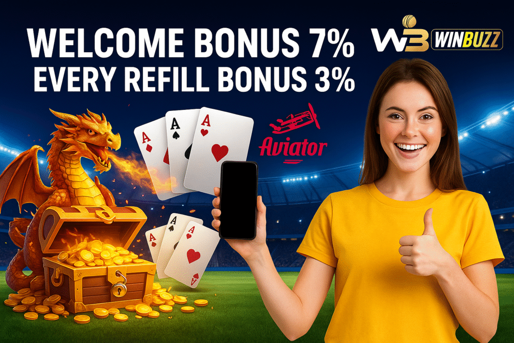 WinBuzz promo banner with a smiling girl holding a phone, dragon treasure, playing cards, Aviator icon, stadium background, and bold bonus text.
