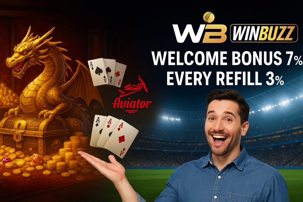 Promo banner with WinBuzz logo, dragon treasure, cards, Aviator, stadium, and a welcoming player plus bonus offers.