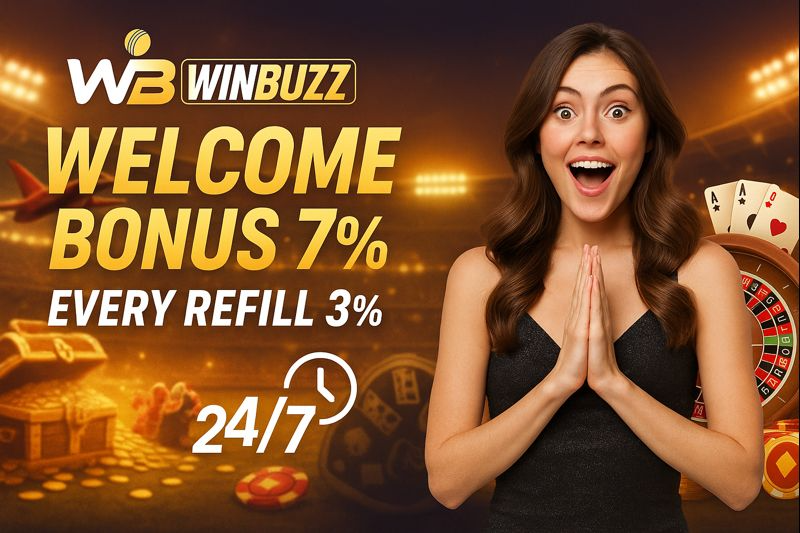 Delighted woman with hands clasped on WinBuzz 7% bonus banner.