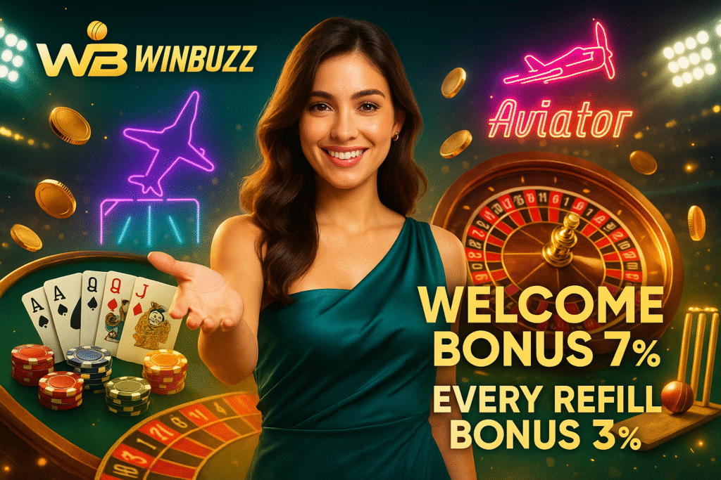 WinBuzz promo girl green dress me, casino cards-chips, roulette wheel aur Aviator neon plane ke saath Welcome Bonus 7% + Refill Bonus 3% offer.