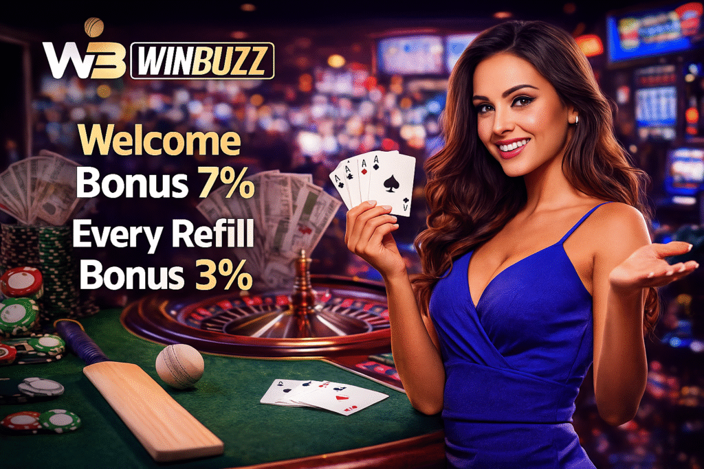 WinBuzz promo girl blue dress me cards hold kiye, casino table, chips, cash aur roulette background ke saath Welcome Bonus 7% + Refill Bonus 3%.