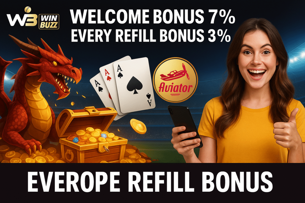 WinBuzz promo banner with a smiling girl holding a phone, dragon treasure, cards, Aviator icon, stadium background, and bonus text.