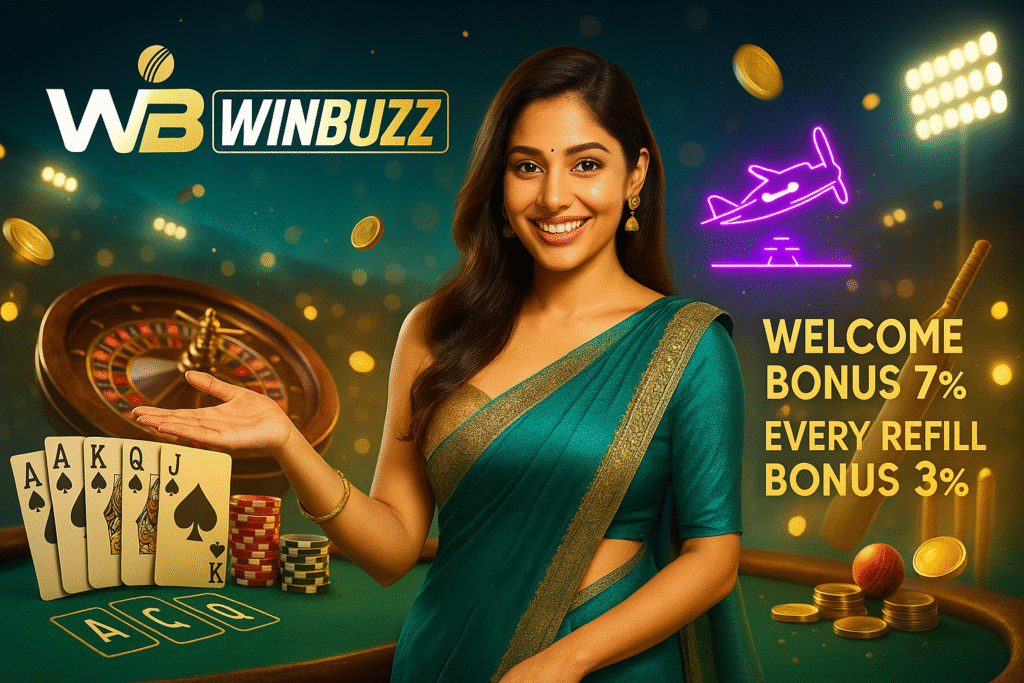 WinBuzz festive casino promo with an Indian girl in green saree, poker table and cards, roulette wheel, flying coins, neon Aviator plane, and cricket bat–stumps, showing 7% welcome bonus and 3% refill bonus.