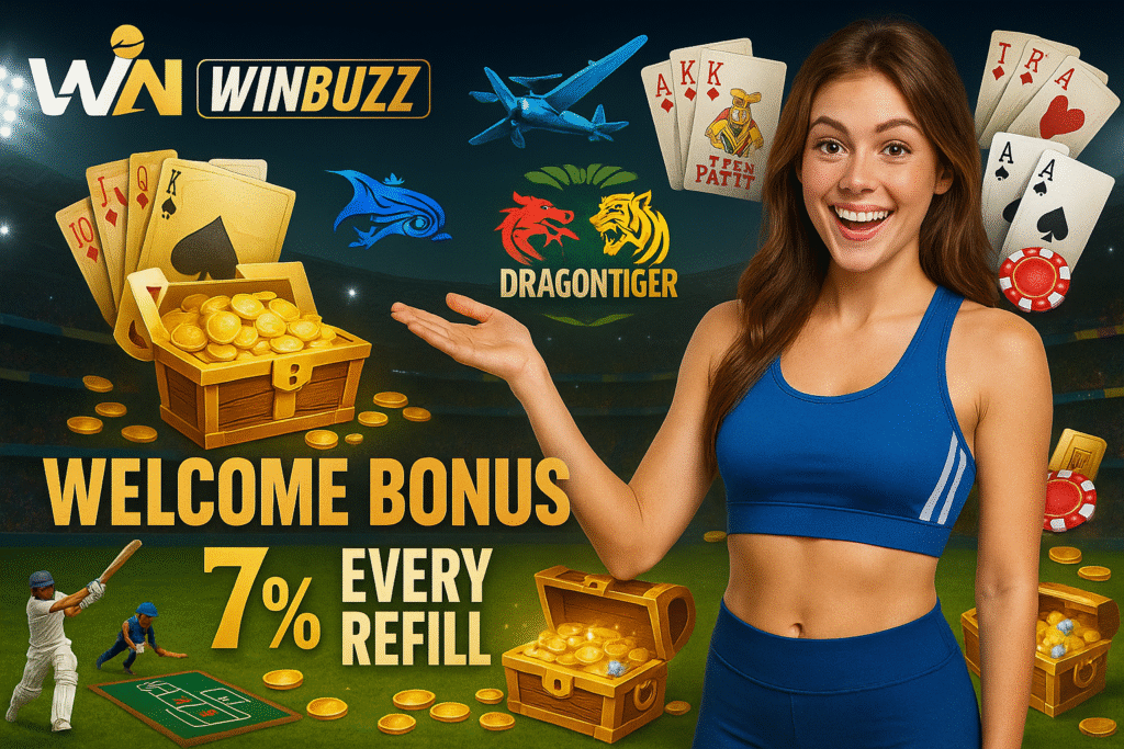 WinBuzz sports-casino banner with smiling blue-dress promo girl, aviator plane, Teen Patti cards, Dragon Tiger icons, treasure coins, and stadium games.