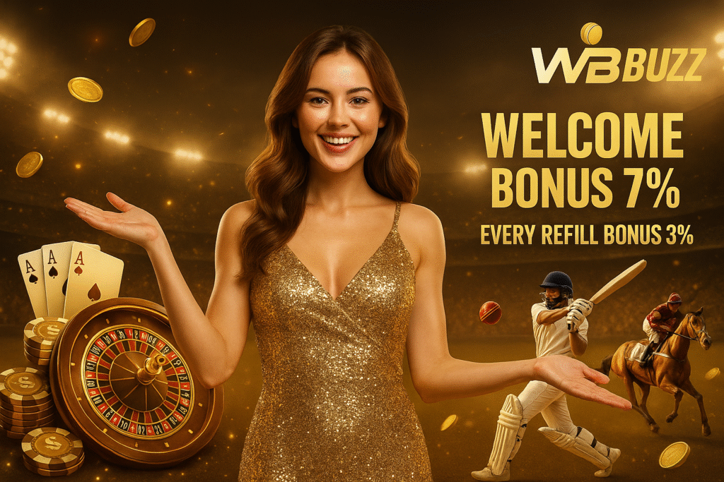 Smiling promo girl in gold dress with WinBuzz casino bonus text, cards, roulette, cricket and horse-riding elements.