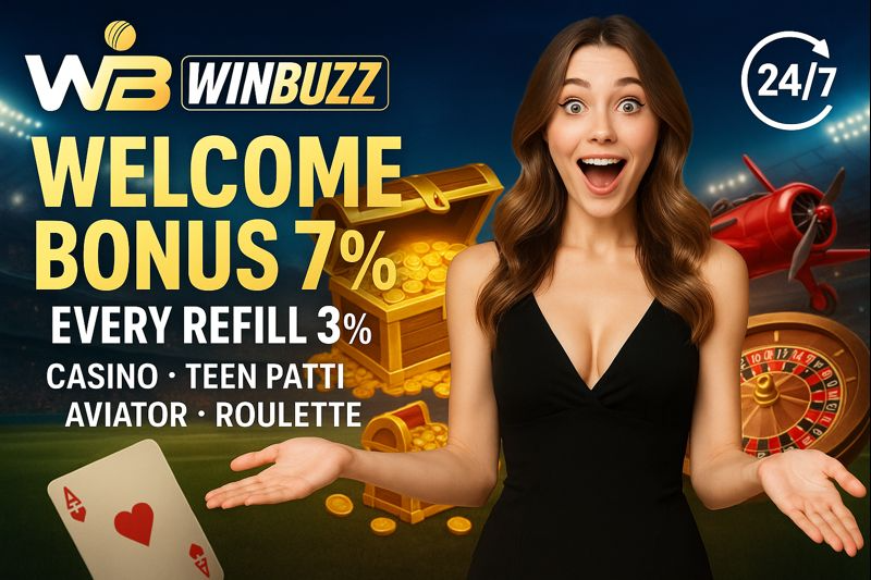 Happy woman promoting WinBuzz 7% bonus with treasure chest and roulette.