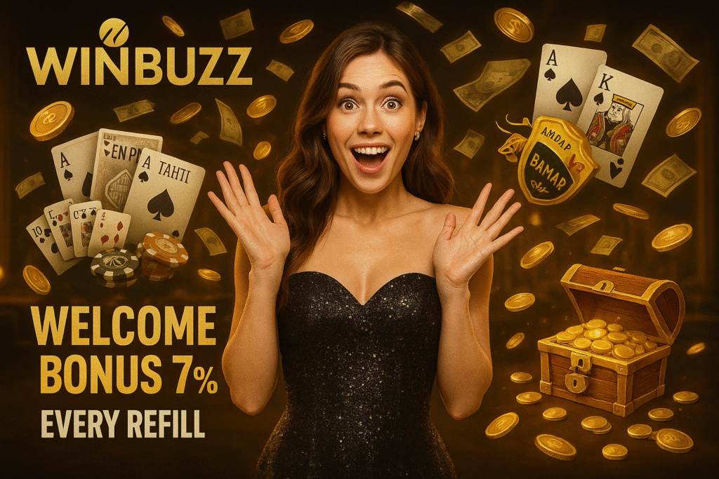 WinBuzz promo poster with excited smiling girl, flying coins and cash, cards, chips, andar-bahar, and treasure chest.