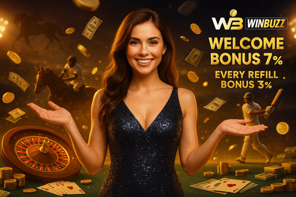 WinBuzz bonus promo with smiling girl in dark glitter dress, flying coins and cash, roulette, cards, cricket and horse-racing scene.