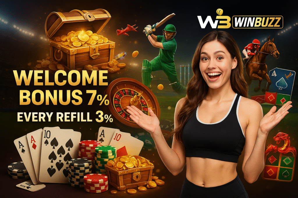 WinBuzz promo banner with smiling sports-dress girl, treasure coins, roulette, playing cards, cricket and horse-riding action.