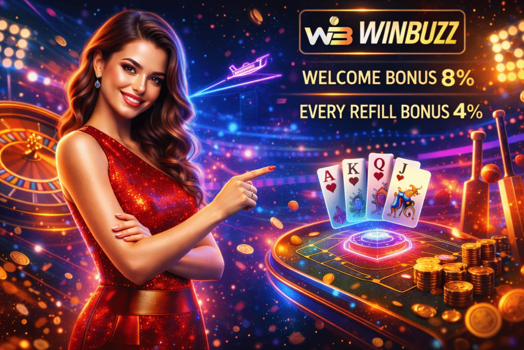 A smiling woman in a sparkling red dress points toward glowing playing cards and casino coins in a neon-lit gaming scene.