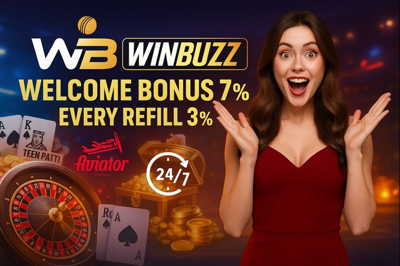 Excited woman in red beside WinBuzz welcome bonus casino banner