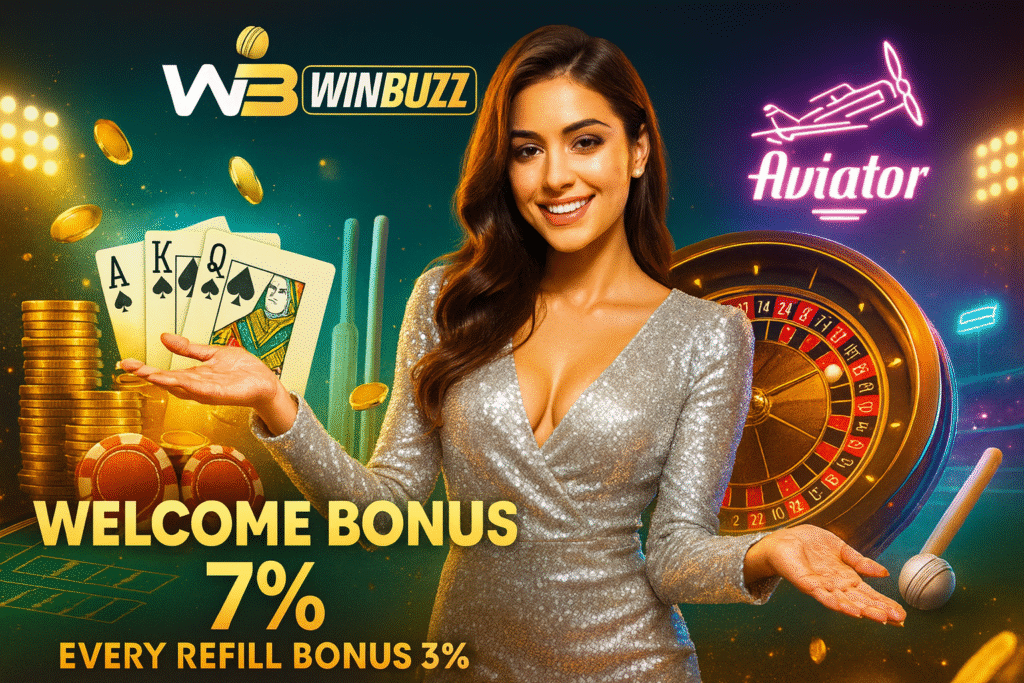 Sparkly dress promo girl stadium-casino background me, cards, coins, roulette wheel aur Aviator neon ke saath Welcome Bonus 7% offer.