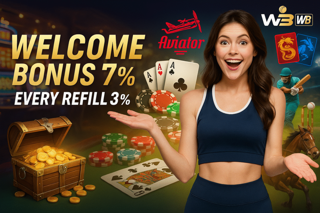 Happy promo girl in navy sports outfit presenting WinBuzz offer beside aviator logo, poker chips, cards, treasure coins, cricket player, and horse-race vibes.