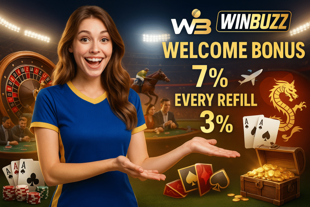 WinBuzz stadium-style bonus banner with smiling girl in blue sports dress, roulette, cards, chips, horse racing, and treasure coins.