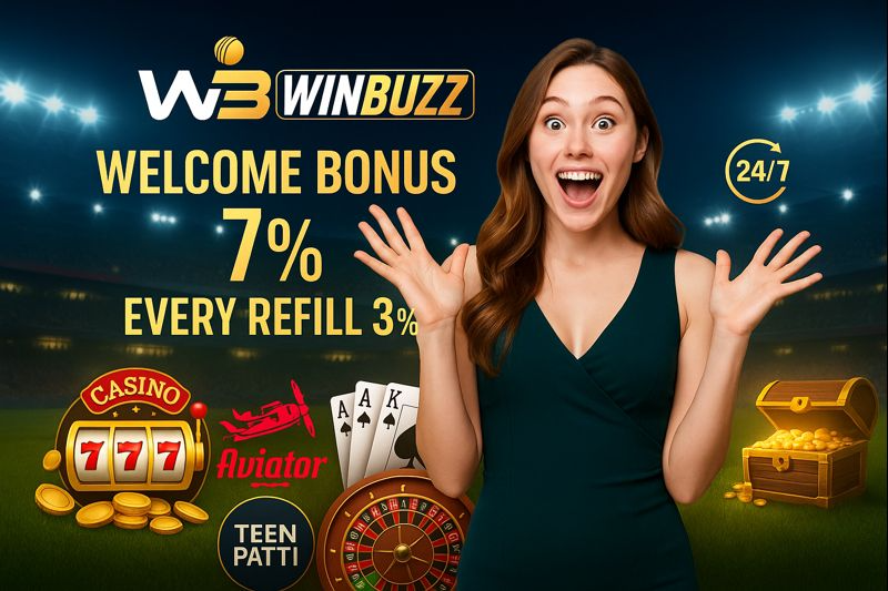 Excited woman promoting WinBuzz 7% welcome bonus with casino icons.