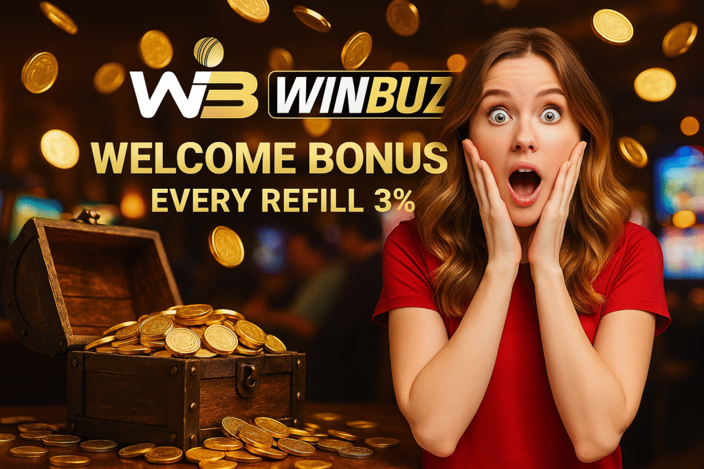 WinBuzz promo with surprised girl, treasure chest of coins, and casino game background highlighting bonuses.