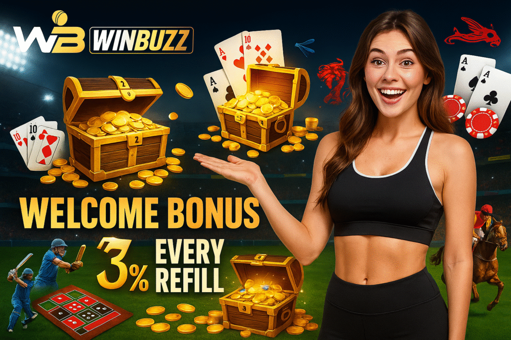 Smiling WinBuzz promo girl in black sportswear presenting gold-treasure chests, cards, chips, and a stadium cricket/horse-race backdrop with bonus text.