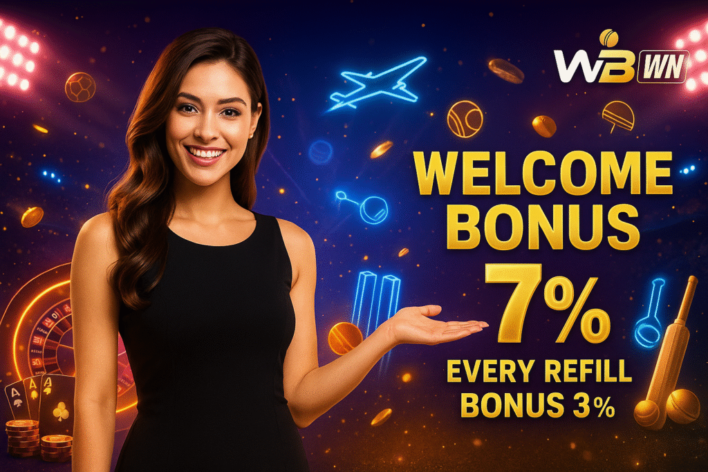 WinBuzz neon promo with a smiling model in black, sports-and-casino icons, flying coins, and bold text “Welcome Bonus 7%” plus “Every Refill Bonus 3%”.