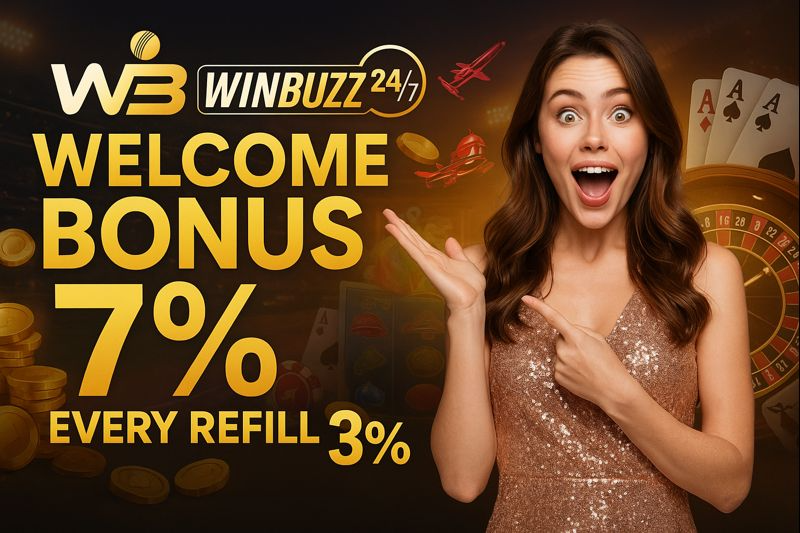 Smiling woman pointing at WinBuzz 7% welcome bonus offer.