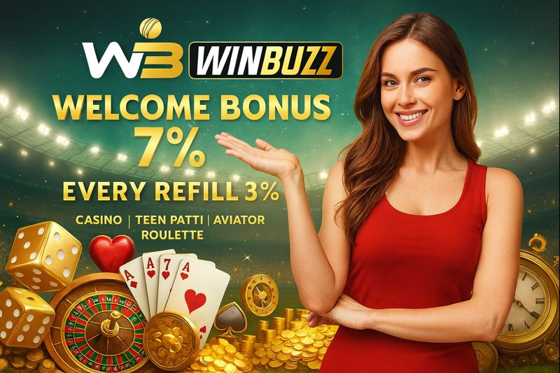 Winbuzz promo banner with a smiling woman in a red top pointing to “Welcome Bonus 7%” and “Every Refill 3%,” surrounded by dice, roulette wheel, playing cards, gold coins, and a clock.