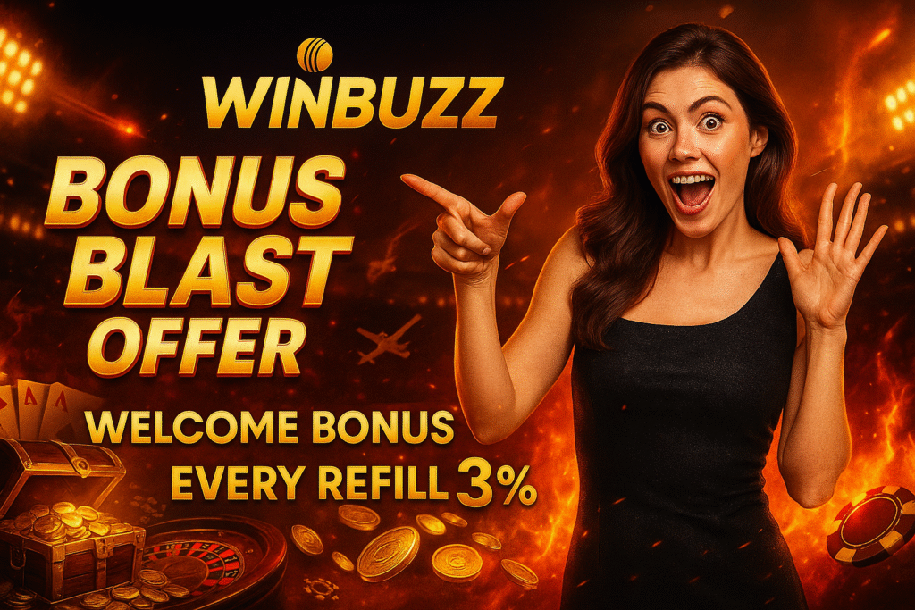 Fiery Winbuzz “Bonus Blast Offer” poster with a shocked woman pointing, gold headline text, and casino props like coins, cards, and a treasure chest.