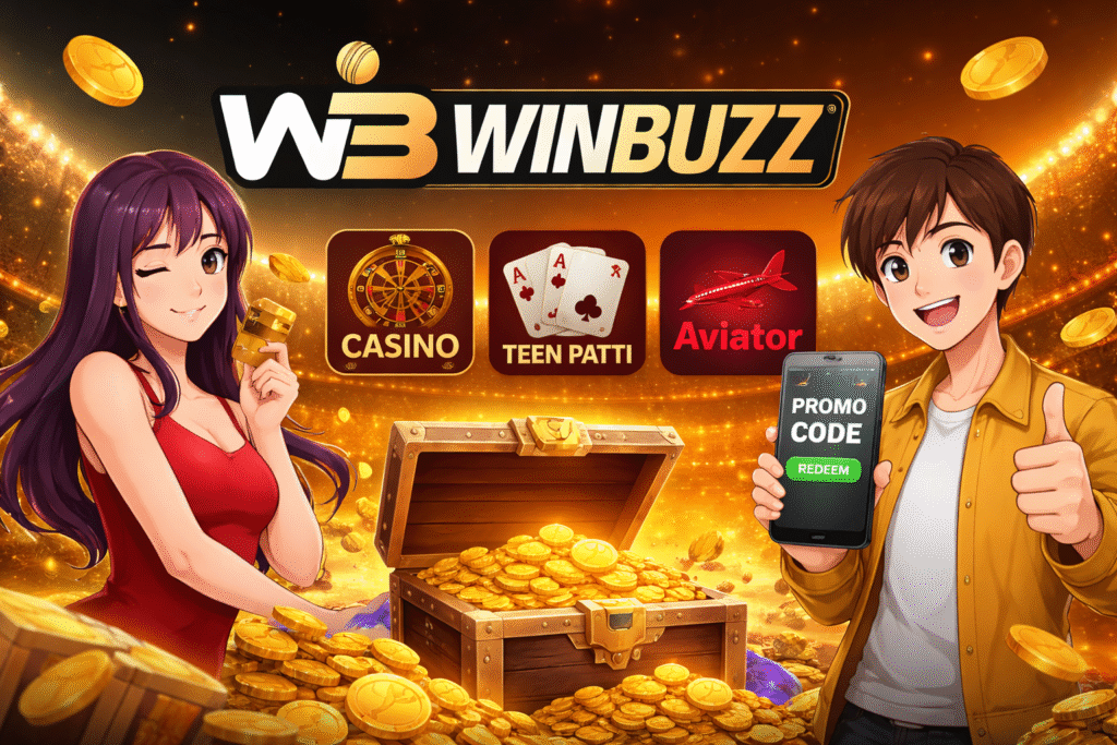 Anime-style characters advertising the Winbuzz gaming platform with casino, teen patti, and aviator games surrounded by glowing gold coins.